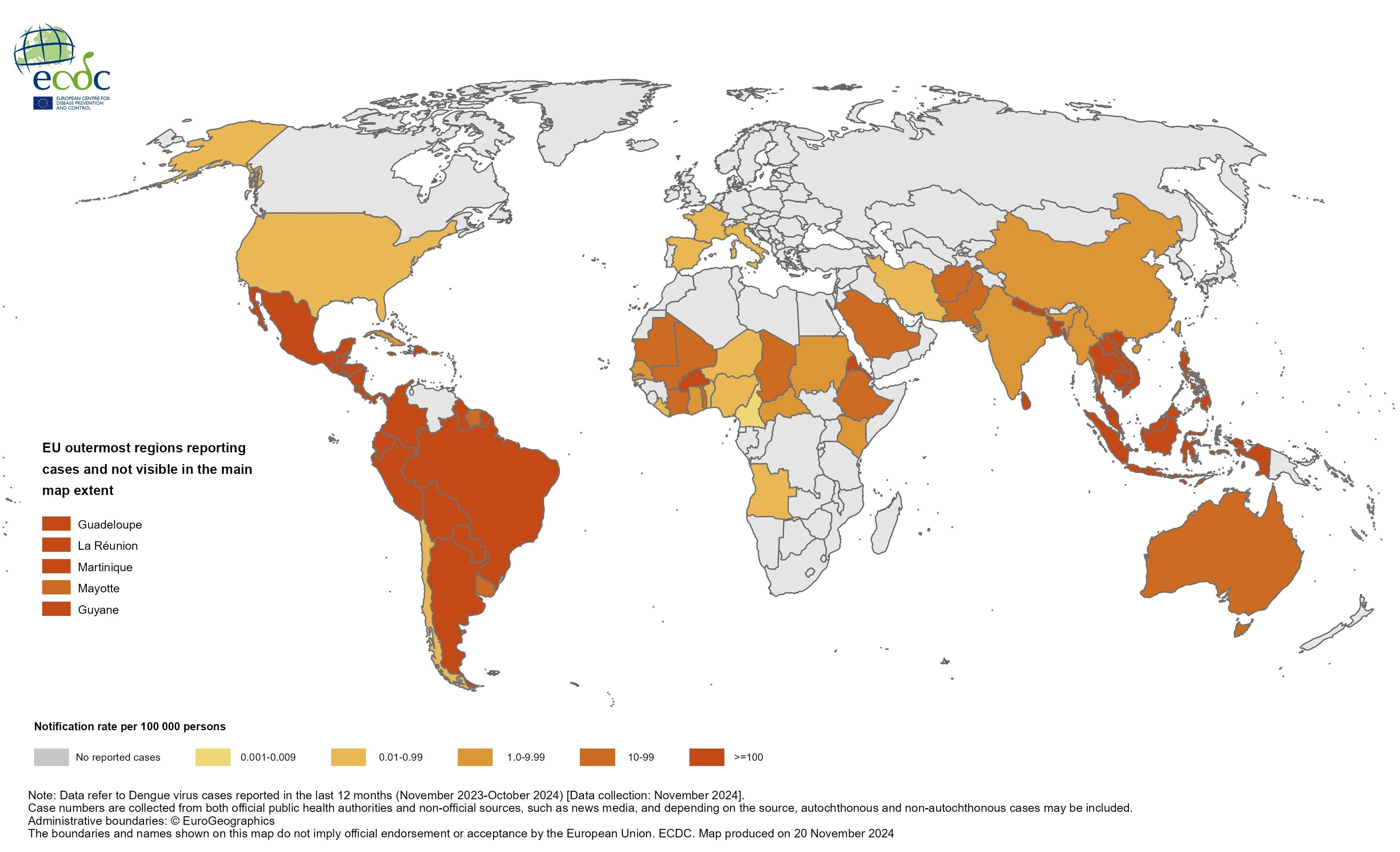 12-month dengue virus disease case notification rate per 100 000 population, November 2023 to October 2024